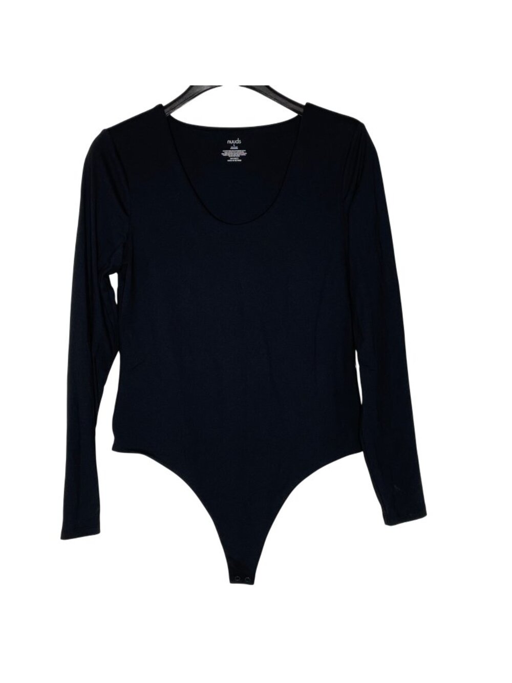 Nuuds Long Sleeve Scoop Neck Thong Bodysuit Stretch Black Sz LG Snap Close